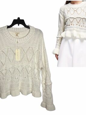 NWT Greige White Cottagecore Crochet Sweater Ruffled Hem Knit Pullover Size XL